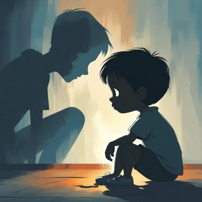 child facing shadow figure representing dark character in story