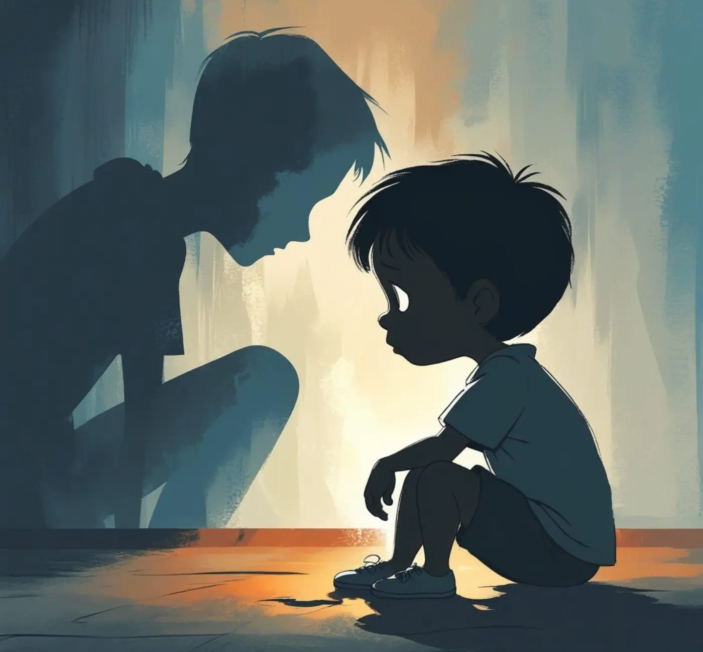 child facing shadow figure representing dark character in story