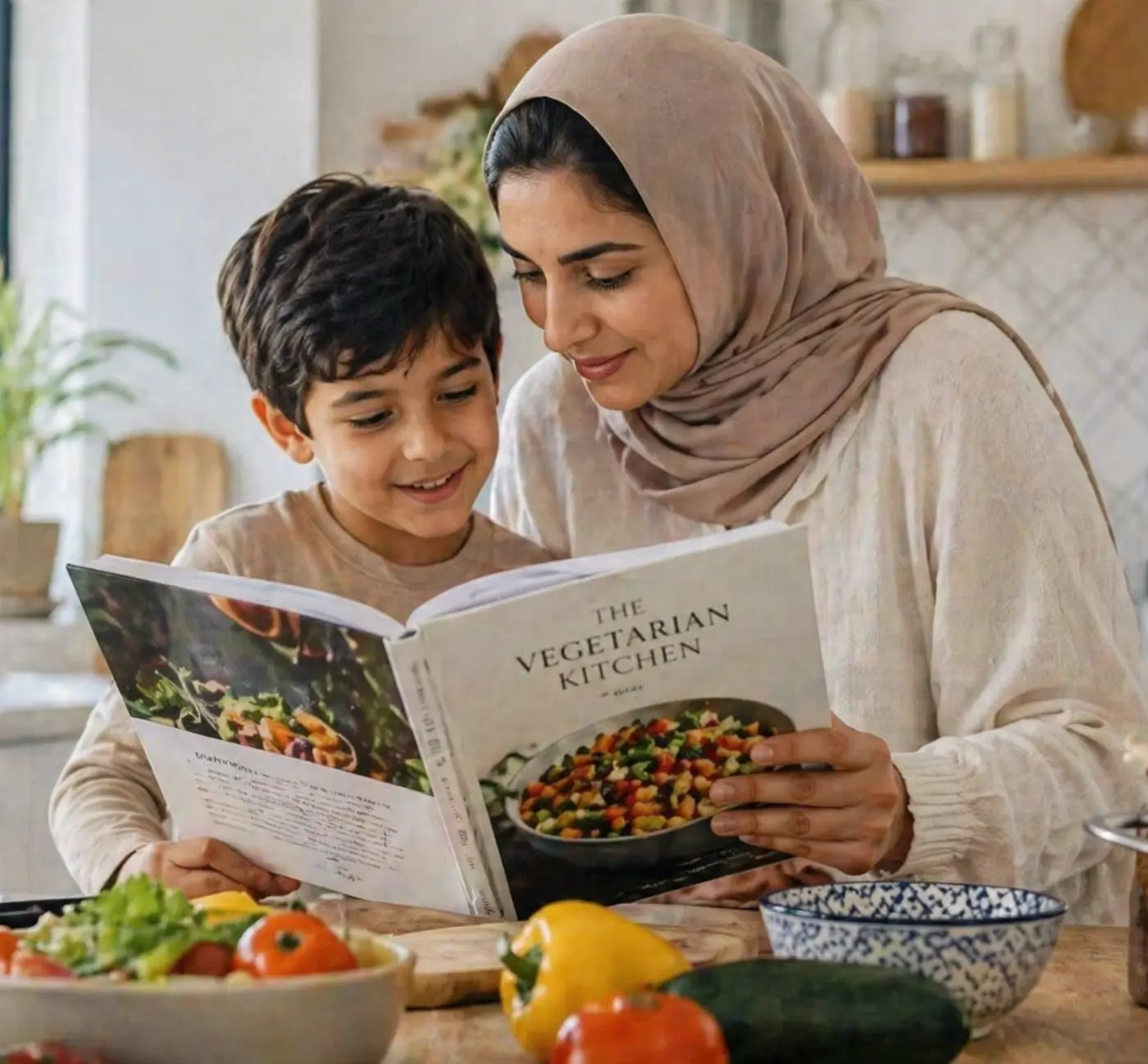 mother and child reading cookbook at home
