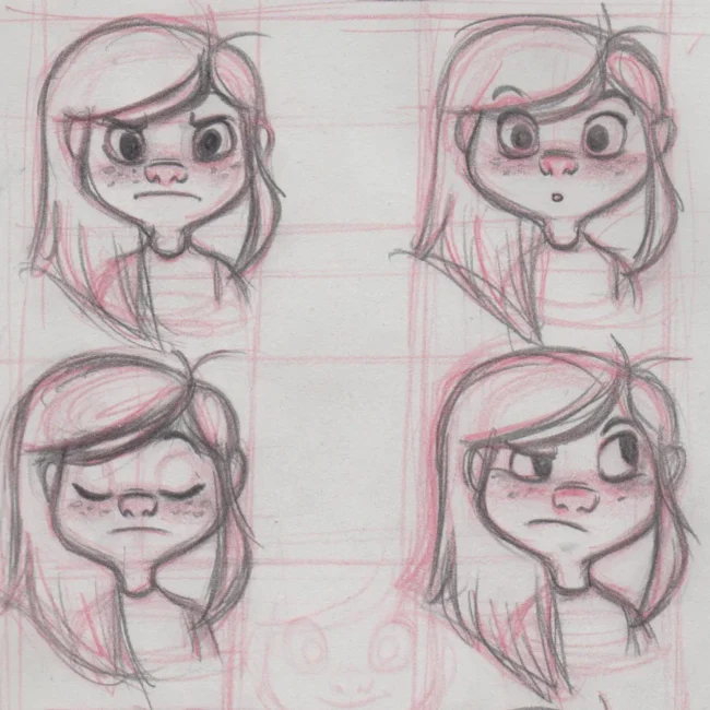 character expression sketches showing different emotions in children’s illustration