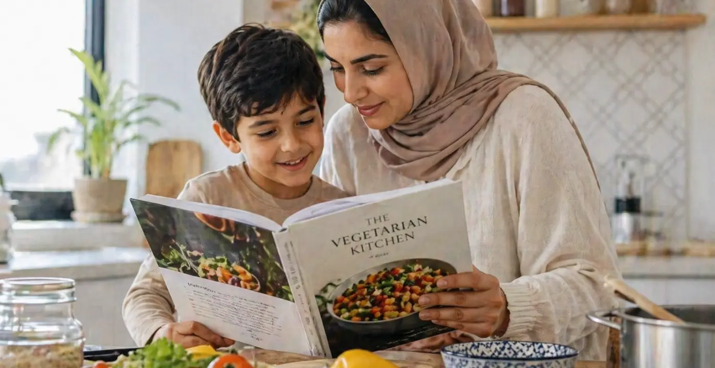 mother and child reading cookbook at home